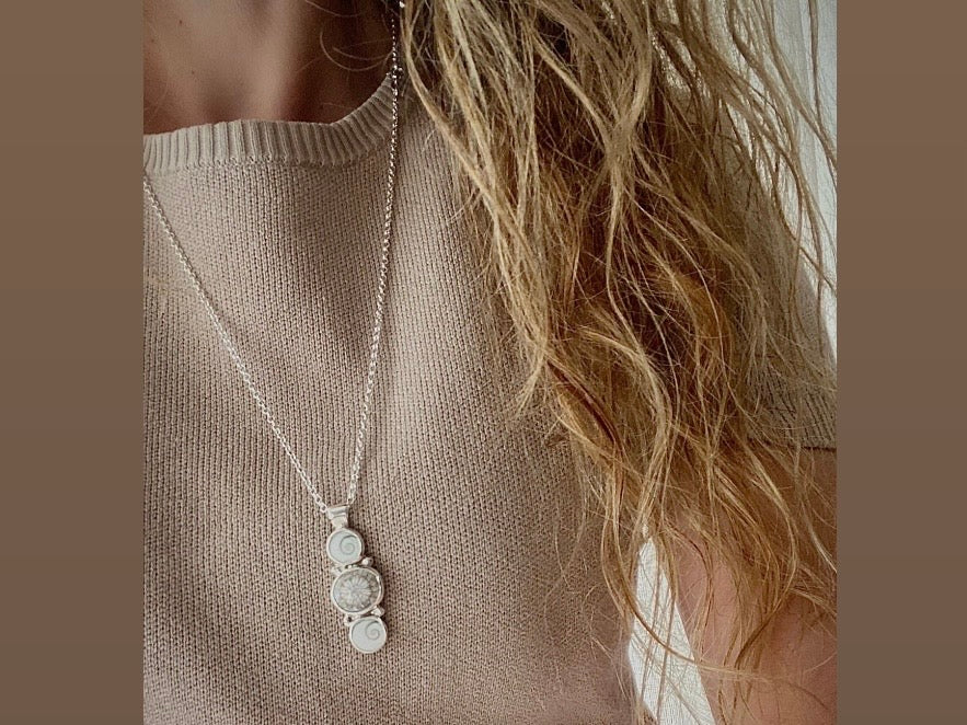 Fossil Coral & Shiva Shell Triple Pendant