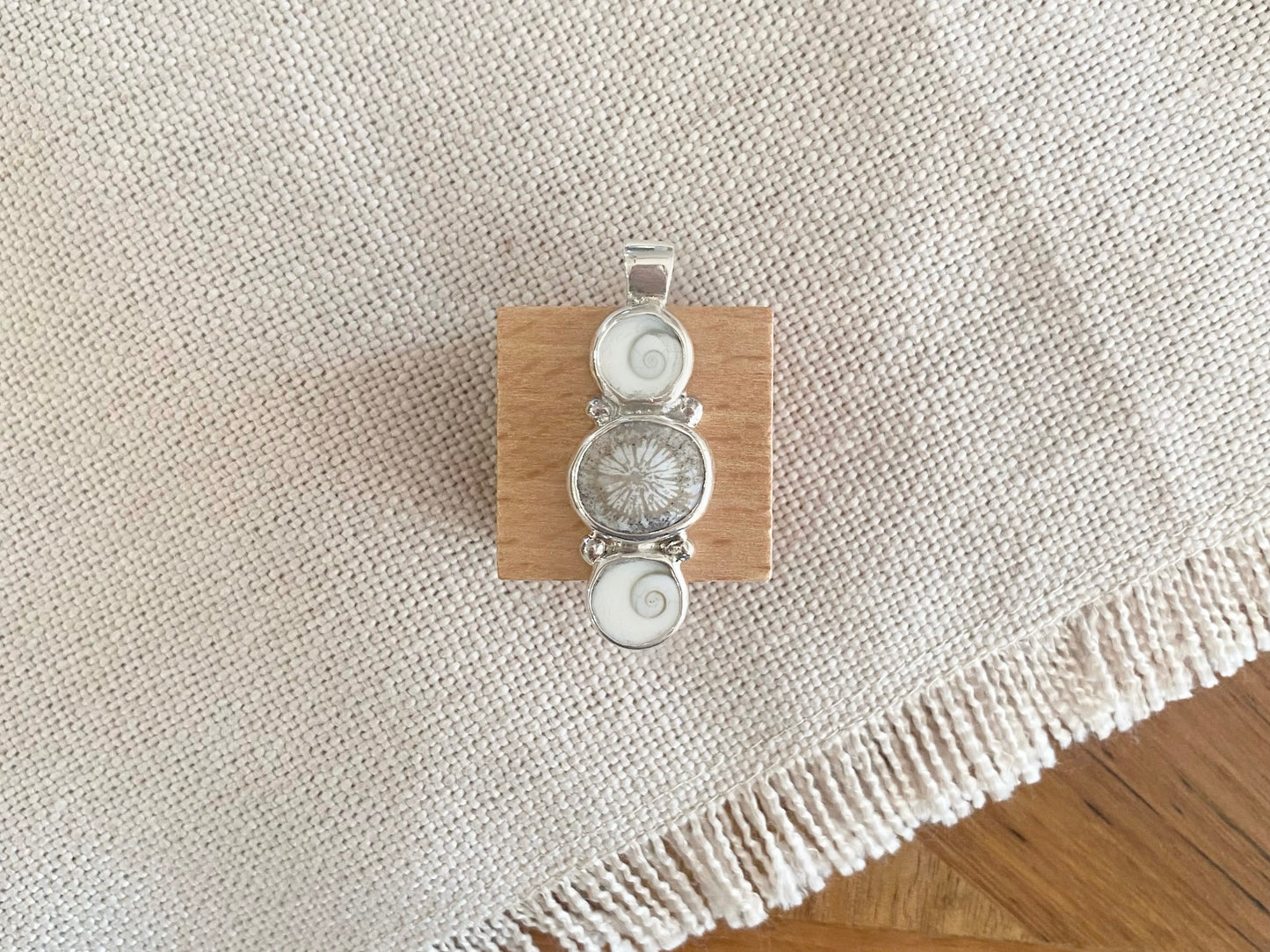 Fossil Coral & Shiva Shell Triple Pendant