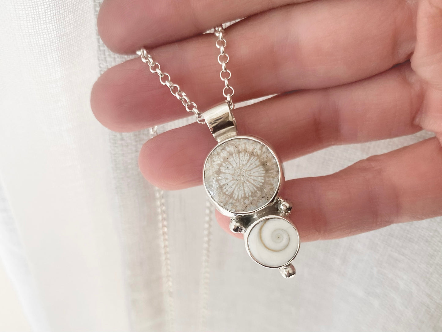 Fossil Coral & Shiva Shell Pendant