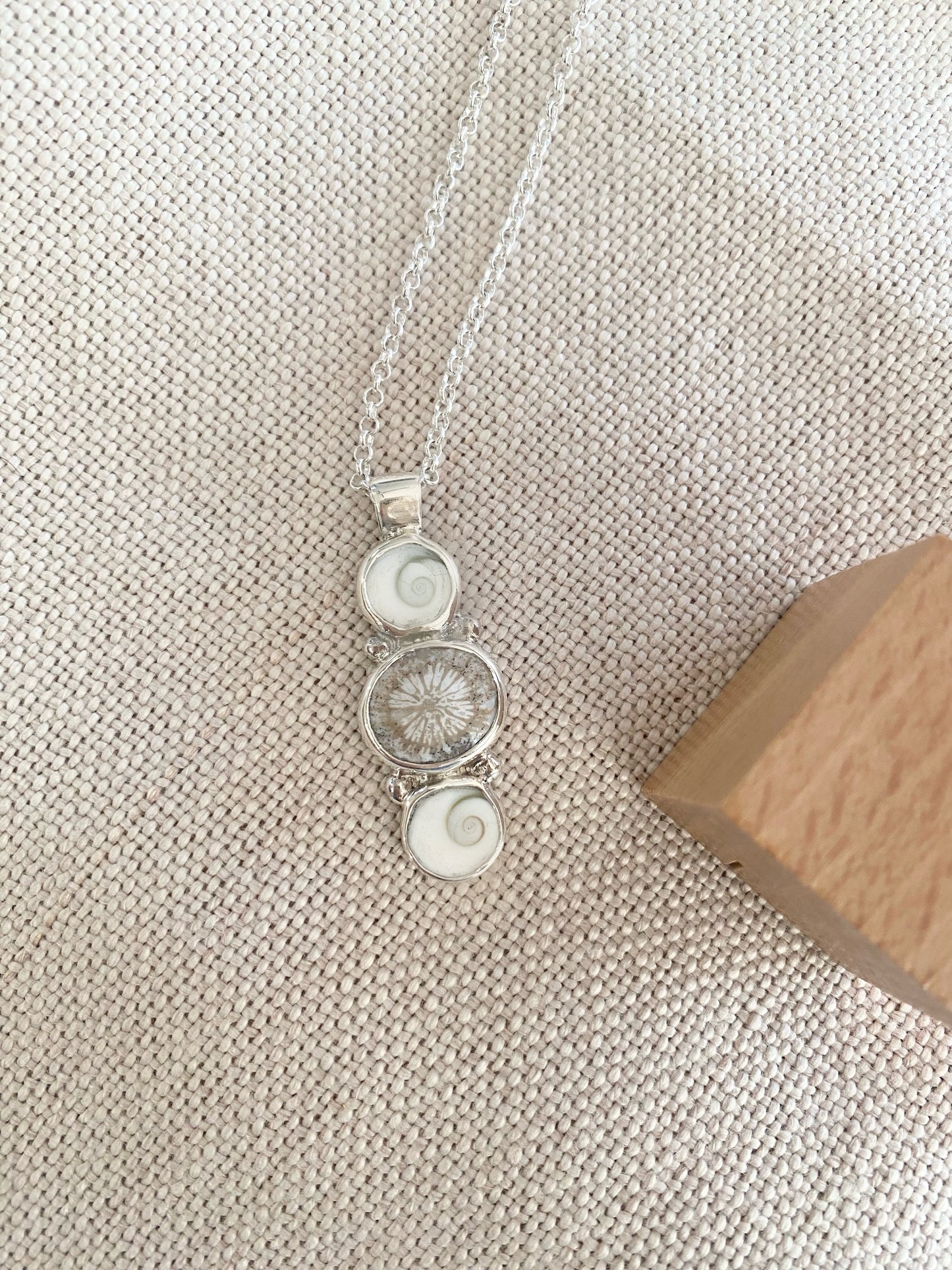 Fossil Coral & Shiva Shell Triple Pendant