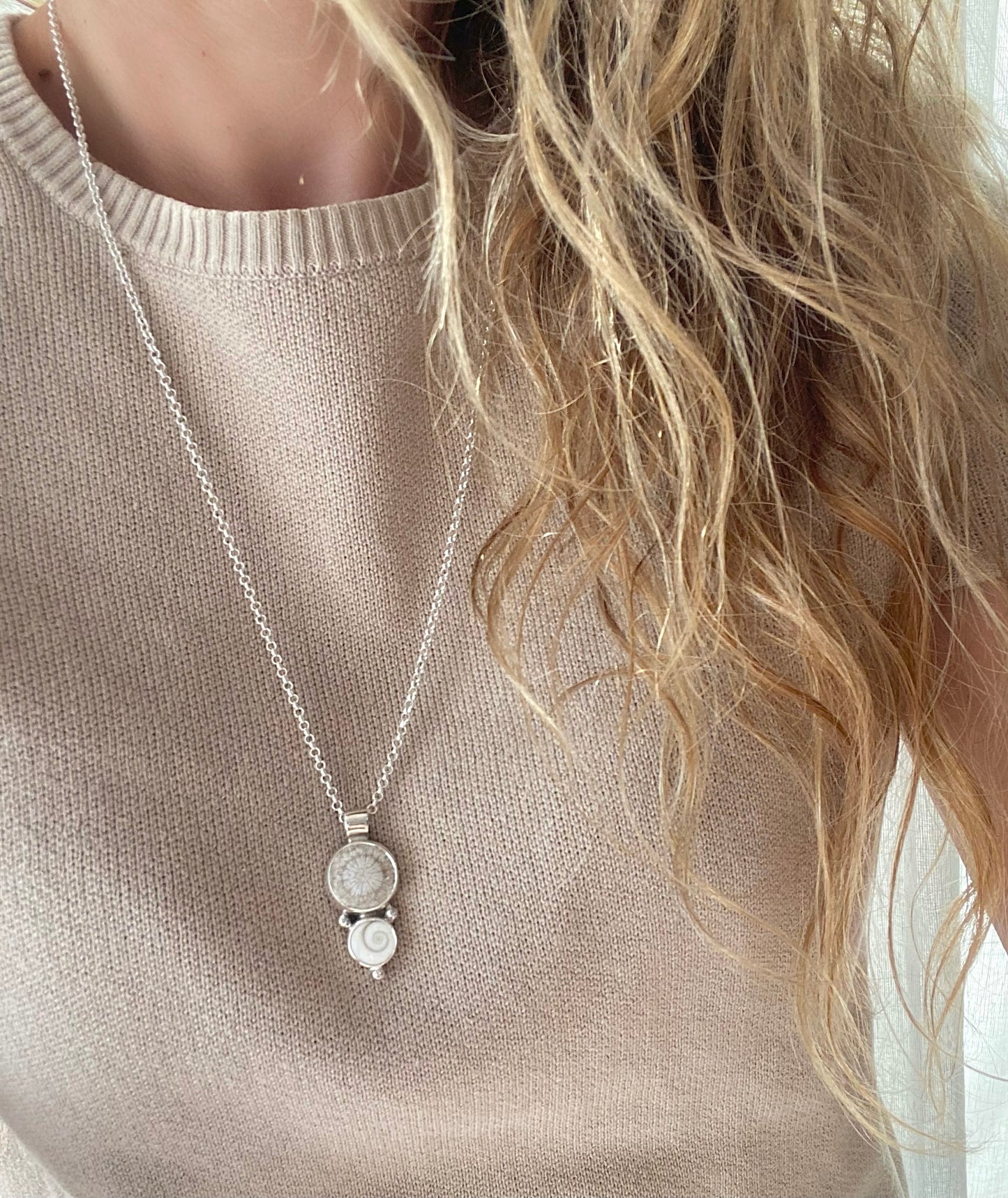 Fossil Coral & Shiva Shell Pendant