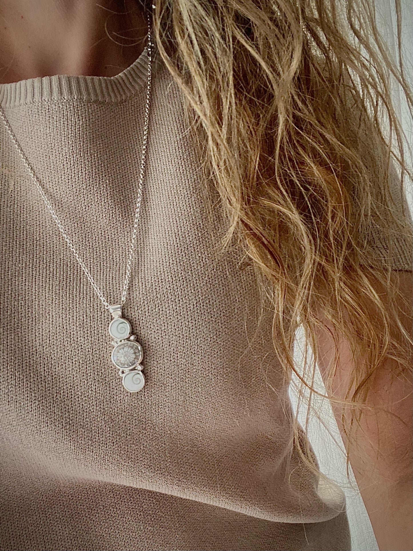 Fossil Coral & Shiva Shell Triple Pendant