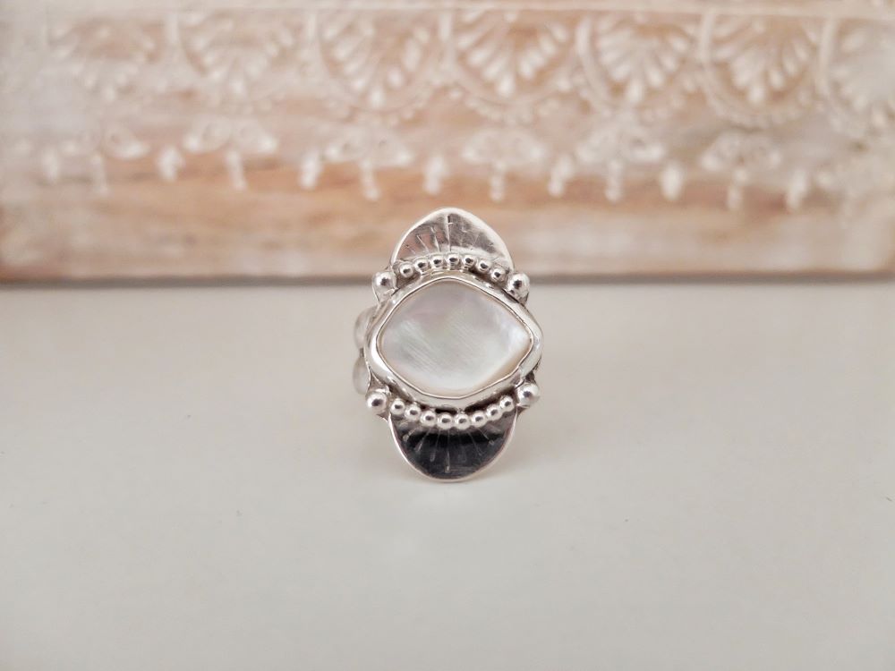 Handcrafted sterling silver and mother of pearl ring. One of a kind ring. Thick chunky sterling silver. Mother of pearl