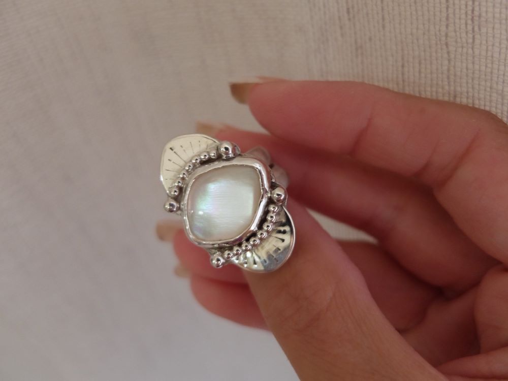 Mother of pearl ring, handcrafted sterling silver ring, unique handmade jewellery 