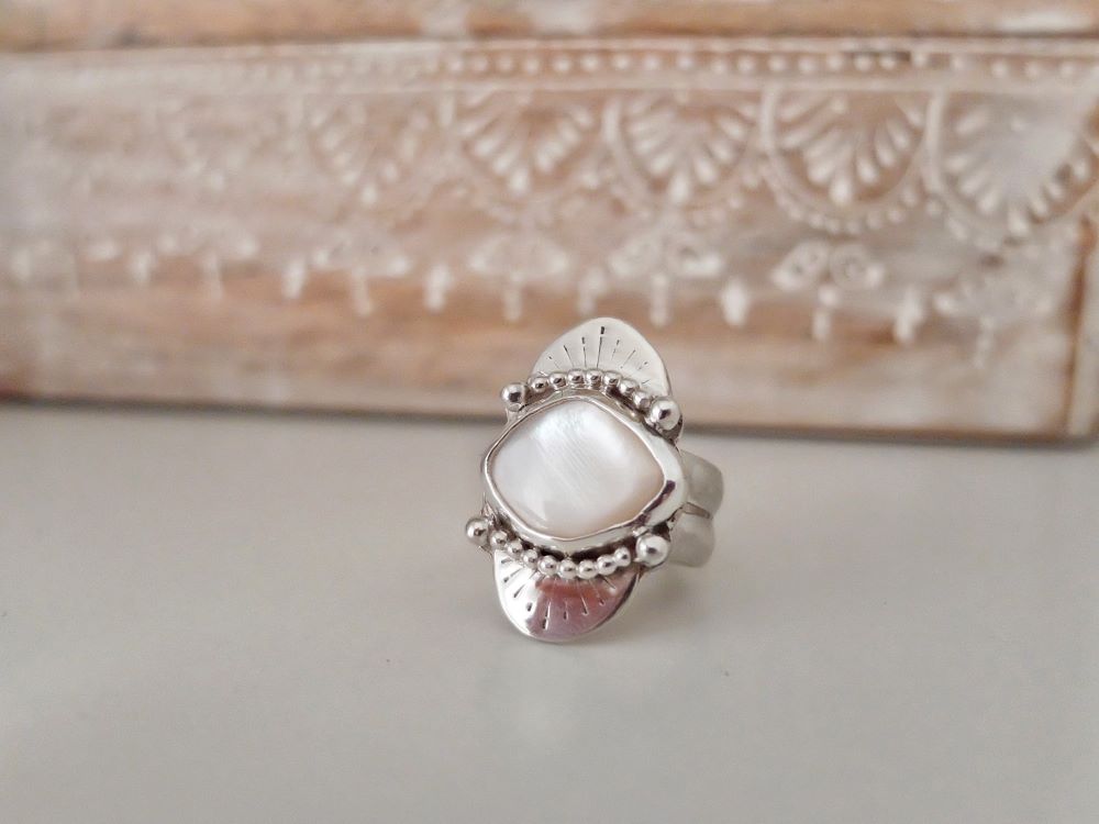 Mother of pearl ring, handmade jewellery, unique ring, handmade sterling silver statement ring
