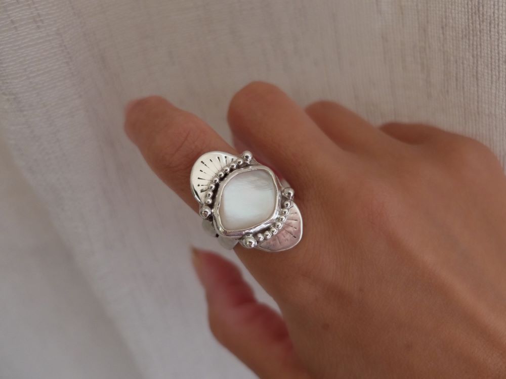 Handcrafted ring, unique jewellery, mother of pearl ring, thick chunky ring